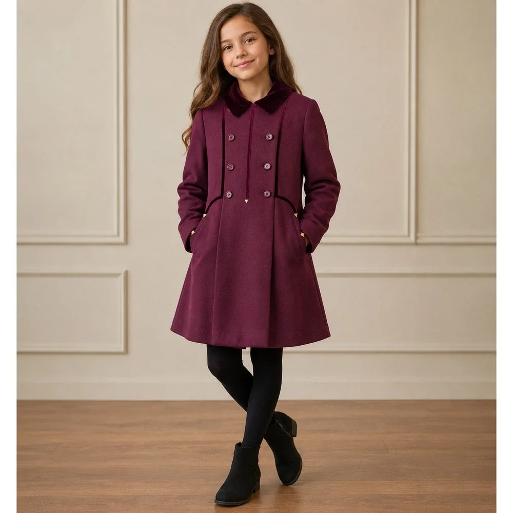Vintage Lord & Taylor N. Fischer Burgundy Wool Velvet Trim Coat Youth Size 12